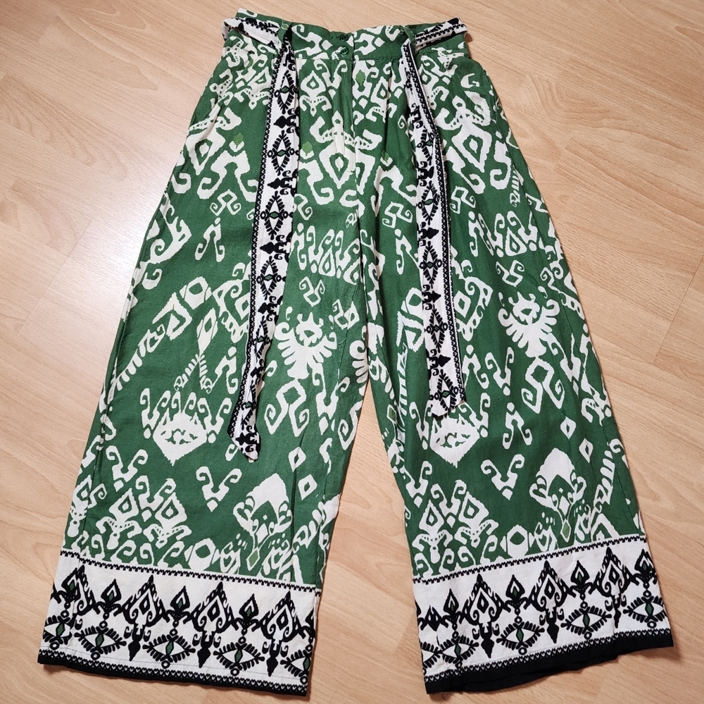 Haute Hippie Linen Rayon Wideleg Palozzo Pant Stretch Waist Size Medium Green